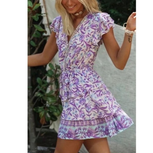 Bohemian Floral Print Ruffle Layered Mini Dress - Picture 3 of 5